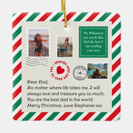 パパ手書きレター写真コラージュクリスマス セラミックオーナメント (正面)