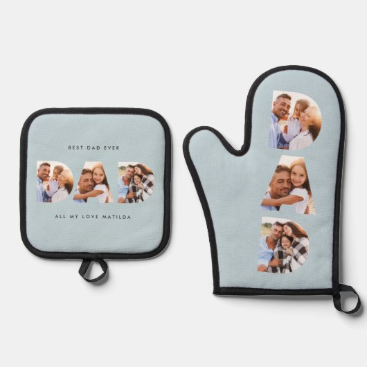 パパ数々のフォトモダンタイポグラフィブルー 鍋つかみ&鍋敷きセット (正面)