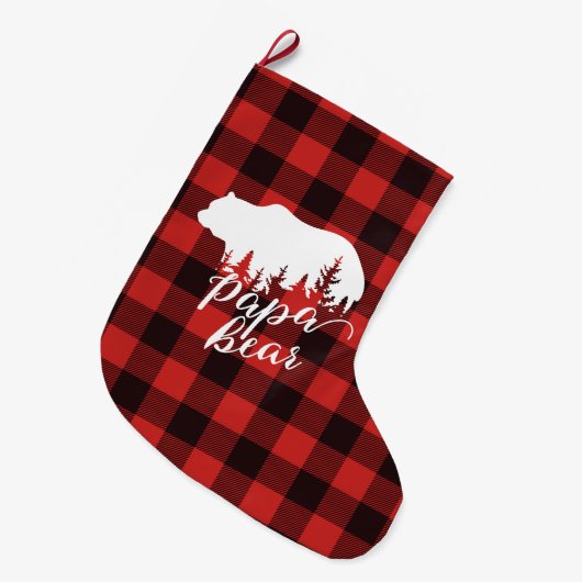 パパ素朴ベアベアレッド&ブラックバッファロープレイド ラージクリスマスストッキング (正面 (吊り時))