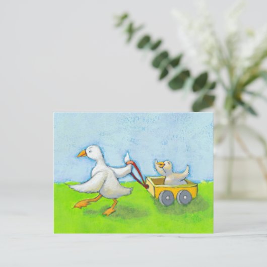 パパ – お父さんダックベビーワゴンかわいいおもしろいアート ポストカード (スタンド正面)