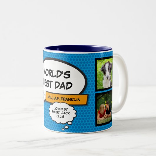 パパ,パパ,父4写真おもしろい漫画ブックブルー ツートーンマグカップ (正面右)