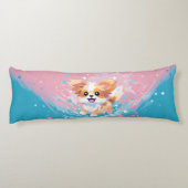 パピよくはしゃぐロンのアップ:ピンクとブルーのスプラッシュ ボディピロー (裏面)