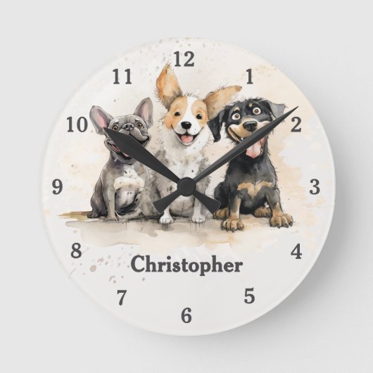 パピよくはしゃぐー犬の水色パーソナライズされた ラウンド壁時計 (正面)