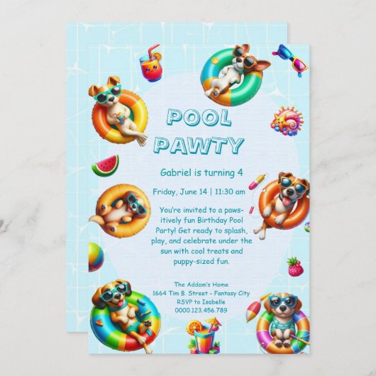 パピスプラッシュ誕生日プールパーティの招待状 招待状 (正面/裏面)