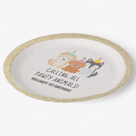 パピドッグ金ゴールドグリッターパウィティ動物誕生日 ペーパープレート (アングル)