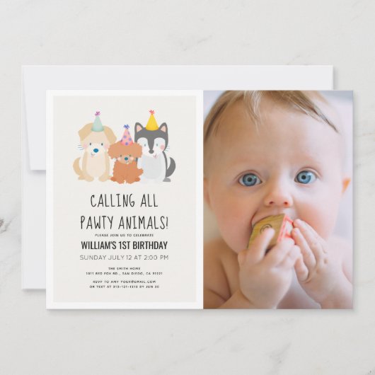 パピドッグ金ゴールドパウィティ動物フォト誕生日 招待状 (正面)