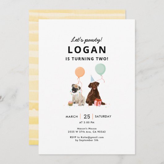 パピパウィー犬の誕生日パーティー 招待状 (正面/裏面)