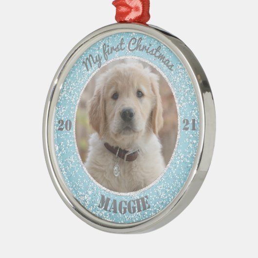 パピパーソナライズされたーの初めてのクリスマス写真 メタルオーナメント (左)