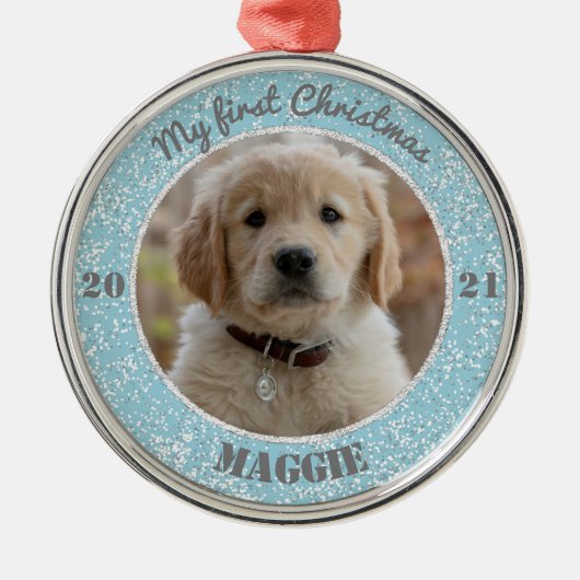 パピパーソナライズされたーの初めてのクリスマス写真 メタルオーナメント (正面)