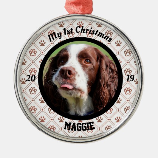 パピパーソナライズされたーの初めてのクリスマス写真 メタルオーナメント (正面)