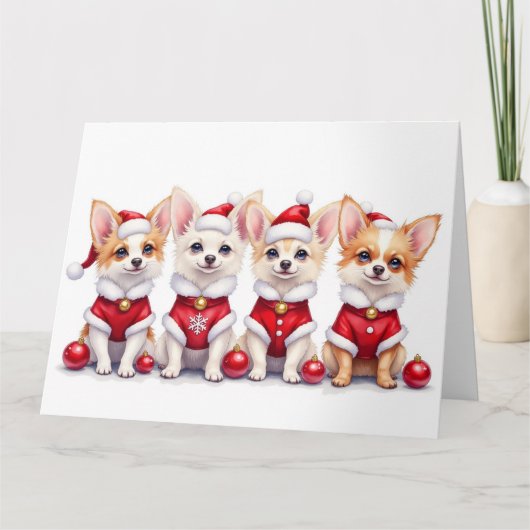 パピヨンのクリスマスドレスサンタ帽子 カード (正面)