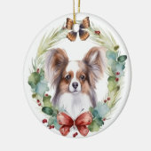 パピヨンのクリスマスリース お祭り気分の子犬 セラミックオーナメント (左)