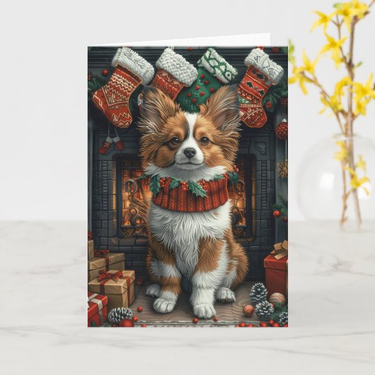 パピヨンの犬とクリスマスプレゼントの暖炉 カード (黄色い花)