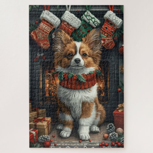 パピヨンの犬とクリスマスプレゼントの暖炉 ジグソーパズル (縦)