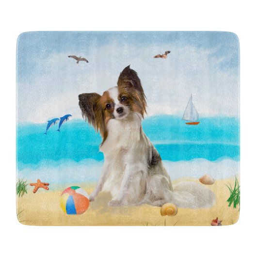パピヨンの犬のビーチ カッティングボード (正面)