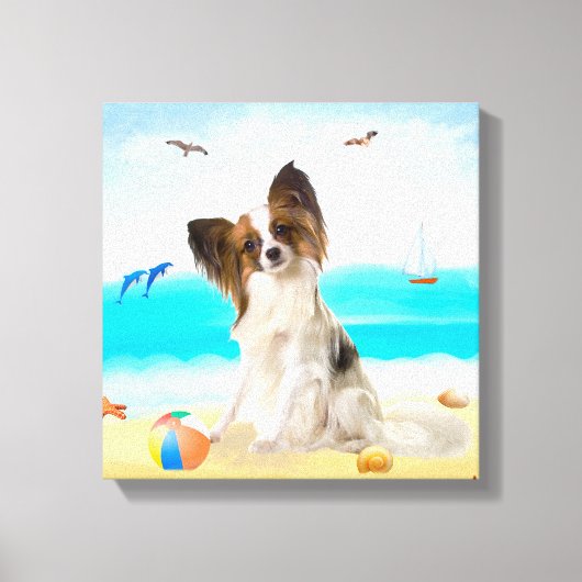 パピヨンの犬のビーチ キャンバスプリント (正面)