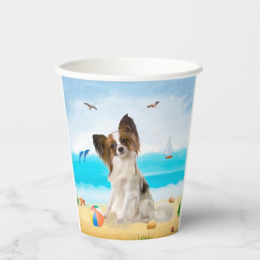 パピヨンの犬のビーチ 紙コップ (正面)