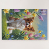 パピヨンの犬の春の花の絵画 ジグソーパズル (横)