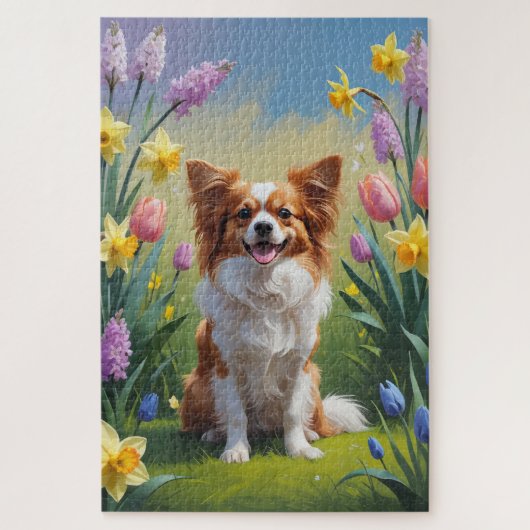 パピヨンの犬の春の花の絵画 ジグソーパズル (縦)