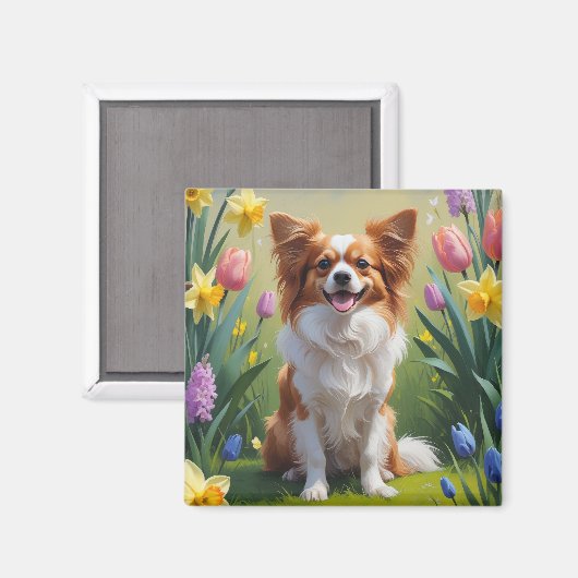 パピヨンの犬の春の花の絵画  マグネット (正面/裏面)