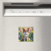 パピヨンの犬の春の花の絵画  マグネット (インサイチュ (食洗機))