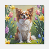 パピヨンの犬の春の花の絵画  マグネット (正面)