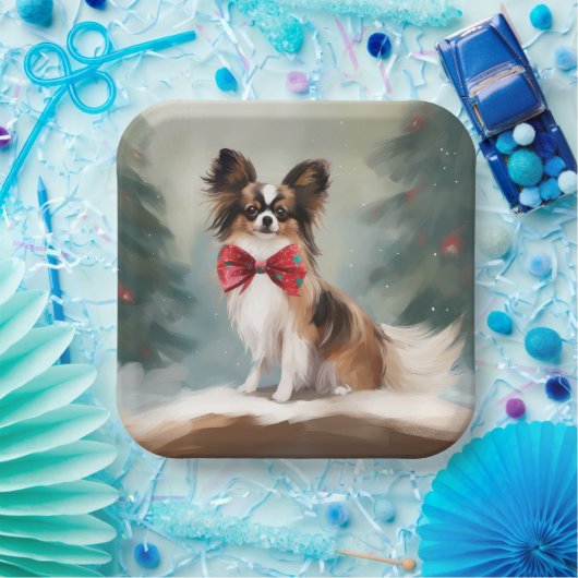 パピヨンの犬の雪のクリスマス ペーパープレート (パーティー)