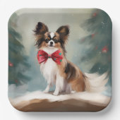 パピヨンの犬の雪のクリスマス ペーパープレート (正面)