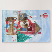 パピヨンの犬 雪の中のクリスマスの犬小屋 ジグソーパズル (横)