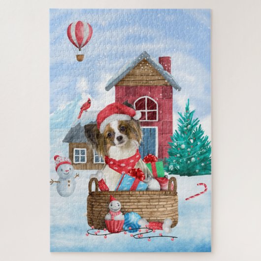 パピヨンの犬 雪の中のクリスマスの犬小屋 ジグソーパズル (縦)