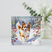 パピヨンの雪景色 冬のクリスマスと可愛い犬 シーズンカード (スタンド正面)