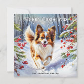 パピヨンの雪景色 冬のクリスマスと可愛い犬 シーズンカード (正面)