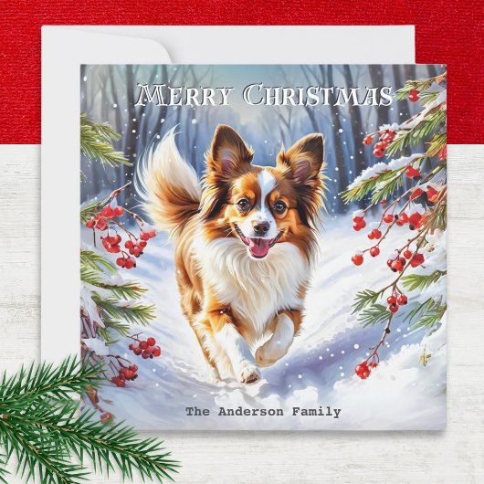 パピヨンの雪景色 冬のクリスマスと可愛い犬 シーズンカード