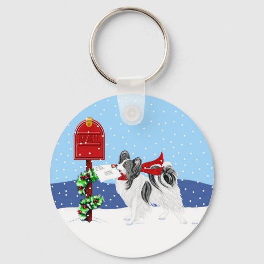 パピヨンクリスマスメールBlk Wht キーホルダー (正面)