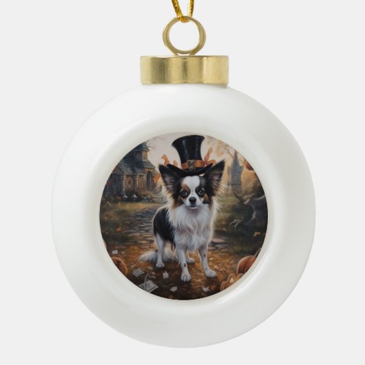 パピヨンパンプキンハロウィーン怖 セラミックボールオーナメント (正面)