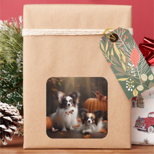 パピヨン子犬の秋の喜びパンプキン スクエアシール (クリスマス)