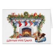 パピヨン犬がサンタクリスマス暖炉を待つ (正面横)