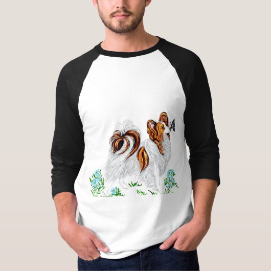 パピヨン犬と蝶の目へ Tシャツ (正面)