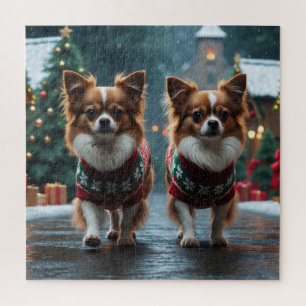 パピヨン犬のクリスマススノーホリデー ジグソーパズル