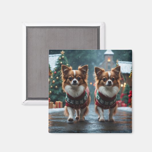 パピヨン犬のクリスマススノーホリデー マグネット (正面/裏面)