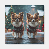 パピヨン犬のクリスマススノーホリデー マグネット (正面)