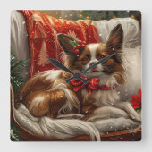 パピヨン犬のクリスマスフェスティブデザイン スクエア壁時計 (正面)