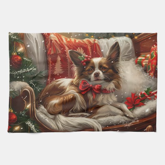 パピヨン犬のクリスマスフェスティブ キッチンタオル (横)