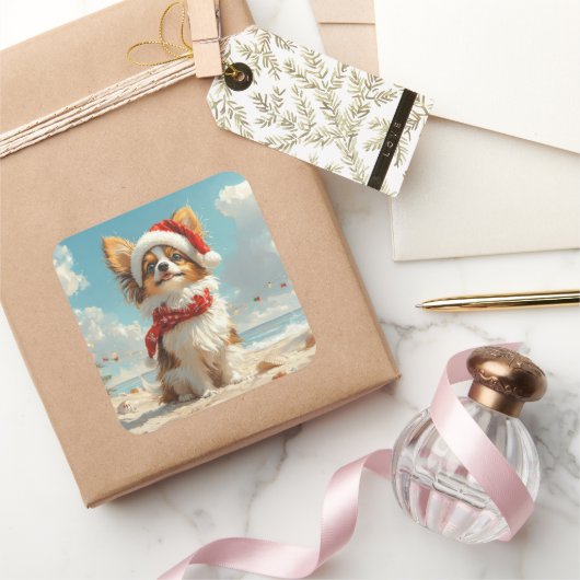 パピヨン犬のクリスマスヴィンテージビーチ スクエアシール (ギフト)