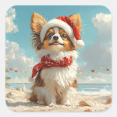 パピヨン犬のクリスマスヴィンテージビーチ スクエアシール (正面)