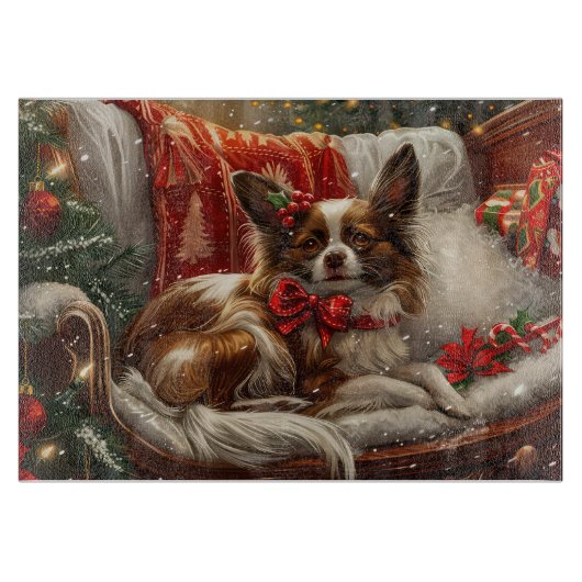 パピヨン犬のクリスマス カッティングボード (正面)