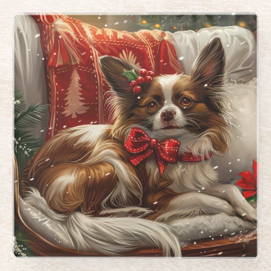 パピヨン犬のクリスマス ガラスコースター (正面)