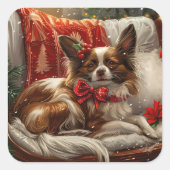 パピヨン犬のクリスマス スクエアシール (正面)