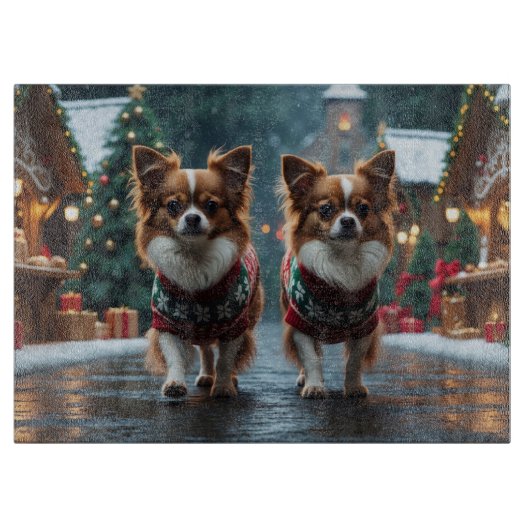 パピヨン犬のクリスマス・スノー・ホリデー カッティングボード (正面)