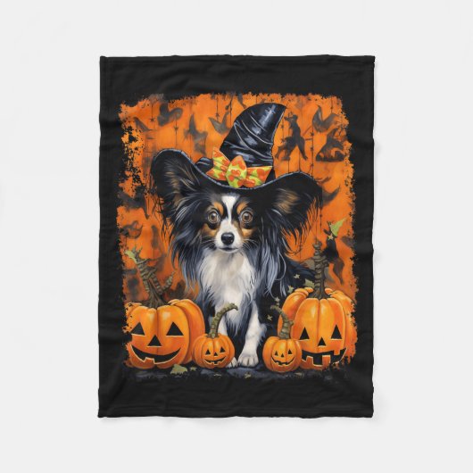 パピヨン犬のハロウィン フリースブランケット (正面)